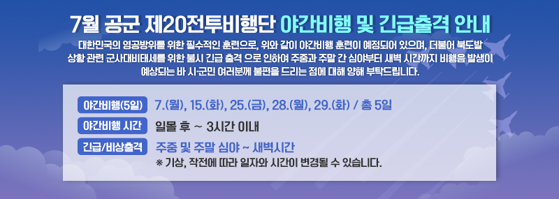 7월 공군 제20전투비행단 야간비행 및 긴급출격 안내 대한민국의 영공방위를 위한 필수적인 훈련으로, 위와 같이 야간비행 훈련이 예정되어 있으며, 더불어 북도발 상황 관련 군사대비태세를 위한 불시 긴급 출격 으로 인하여 주중과 주말 간 심야부터 새벽 시간까지 비행음 발생이 예상되는 바 시·군민 여러분께 불편을 드리는 점에 대해 양해 부탁드립니다. -야간비행(5일):7.(월), 15.(화), 25.(금), 28.(월), 29.(화) / 총 5일 -야간비행 시간:일몰 후 ∼ 3시간 이내 -긴급/비상출격:주중 및 주말 심야 ~ 새벽시간 ※ 기상, 작전에 따라 일자와 시간이 변경될 수 있습니다.