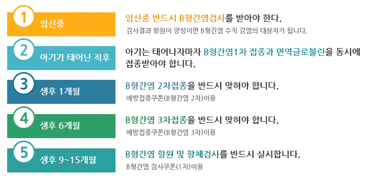 첫번째 임신중- 임신중 반드시 B형간염검사를 받아야 한다. 검사결과 항원이 양성이면 B형간염 수직 감염의 대상자가 됩니다., 두번째 아기가 태어난 직후-아기는 태어나자마자 B형간염1차 접종과 면역글로블린을 동시에접종받아야 합니다., 세번째 생후 1개월-B형간염 2차접종을 반드시 맞혀야 합니다.예방접종쿠폰(B형간염 2차)이용, 네번째 생후 6개월-B형간염 3차접종을 반드시 맞혀야 합니다. 예방접종쿠폰(B형간염 3차)이용, 다섯번째 생후 9~15개월-B형간염 항원 및 항체검사를 반드시 실시합니다.B형간염 검사쿠폰(1차)이용